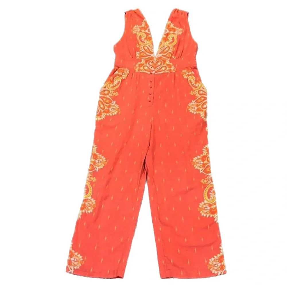 Free People’s Setting Sun Printed Orange Cropped Jumpsuit NWOT - Picture 6 of 12